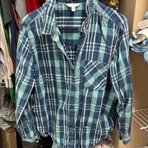Time and Tru Teal & Navy Plaid Button-Down Shirt